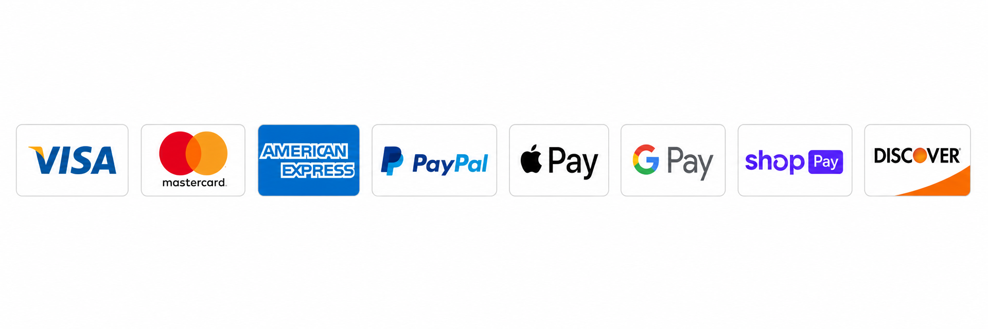 We accept Visa, Mastercard, Amex, PayPal, Apple Pay, Google Pay and Shop Pay